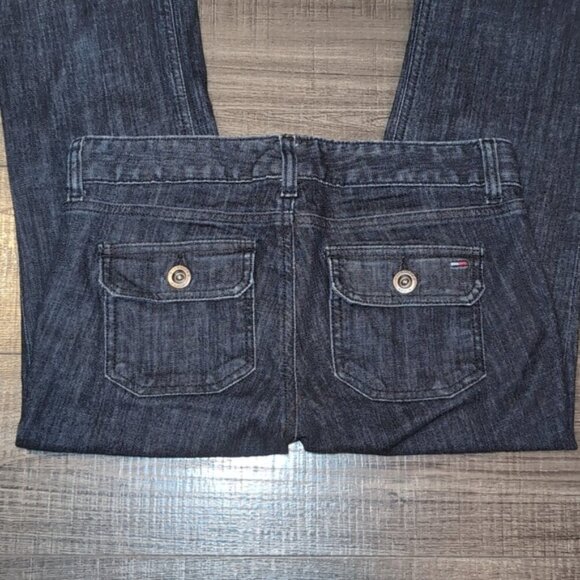 Tommy Hilfiger Low Rise Bootcut Jeans Flap Patch Pocket Striated Dark Wash Denim - Picture 8 of 11